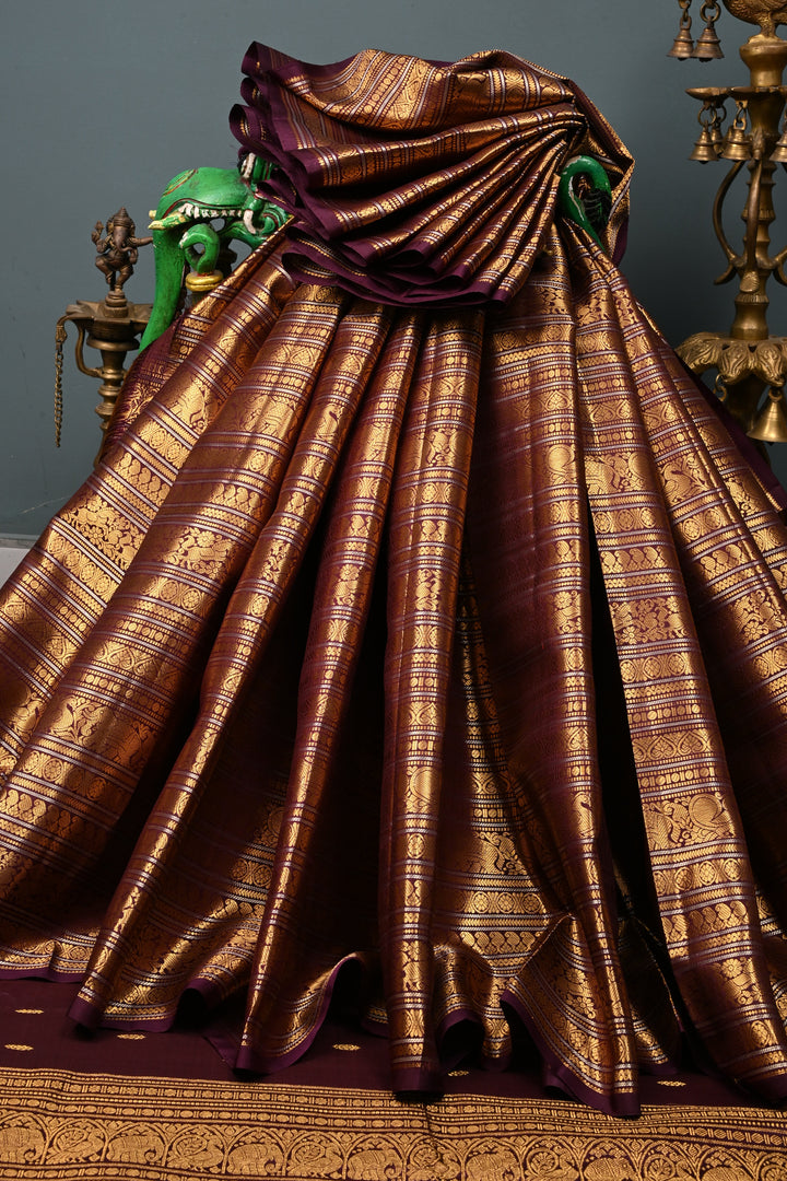 Kanchana Pure Gadwal Silk Saree with Ornate and Vanasingaram Gold-Silver Zari Stipes Brocade  | SILK MARK CERTIFIED