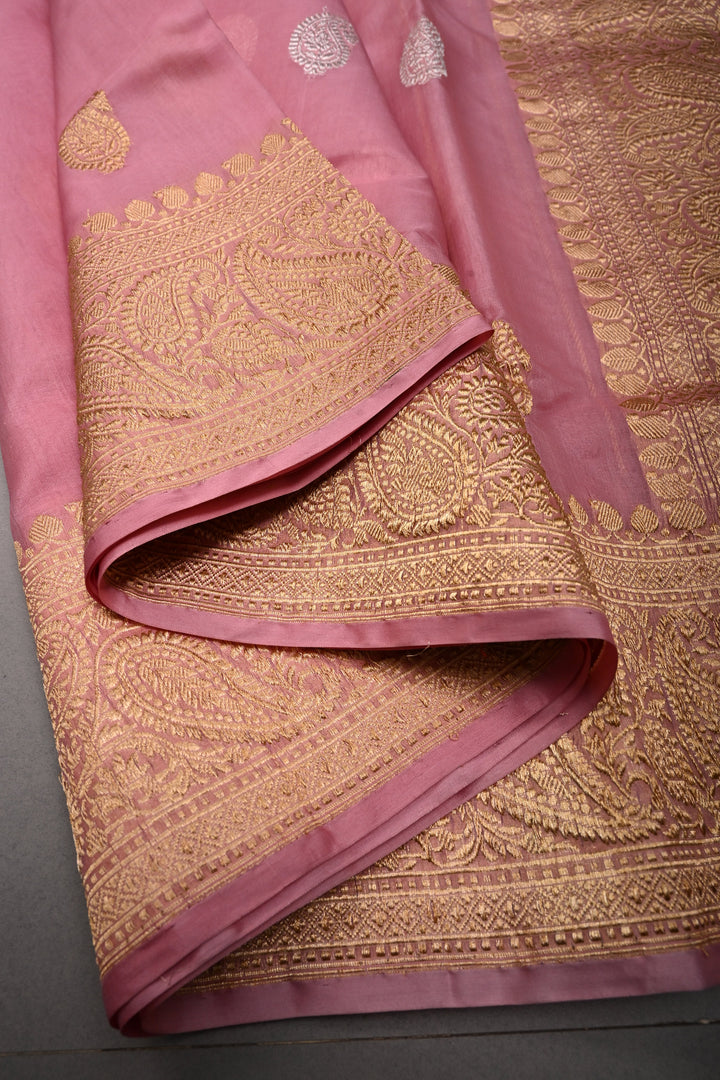 Rose Pink Banarasi Kora Silk Saree with Sona-Rupa Paisley Zari Buttas and Zari Border | SILK MARK CERTIFIED | SHOBITAM