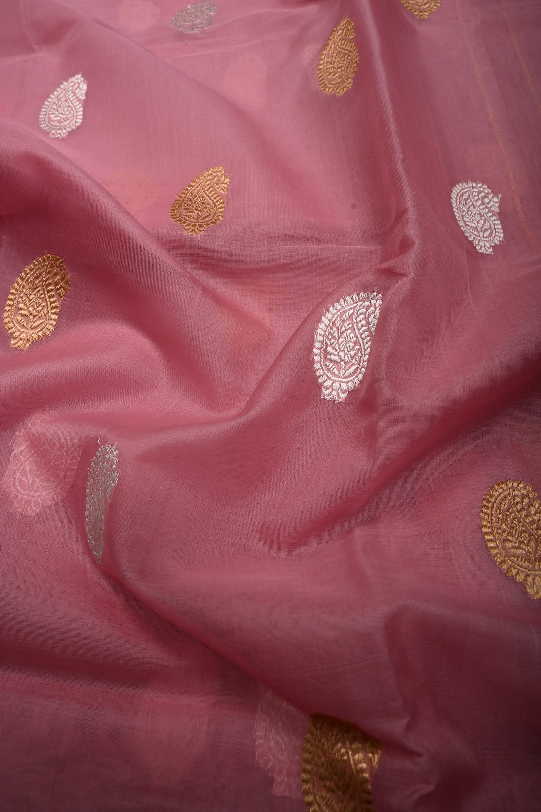 Rose Pink Banarasi Kora Silk Saree with Sona-Rupa Paisley Zari Buttas and Zari Border | SILK MARK CERTIFIED | SHOBITAM