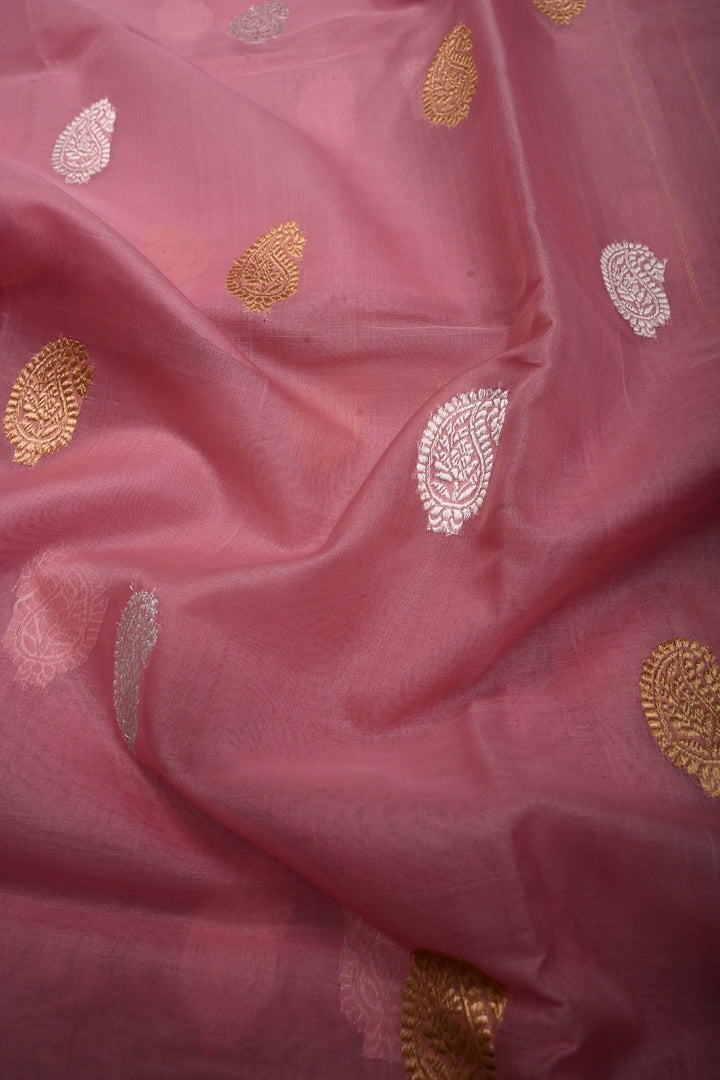 Rose Pink Banarasi Kora Silk Saree with Sona-Rupa Paisley Zari Buttas and Zari Border | SILK MARK CERTIFIED | SHOBITAM