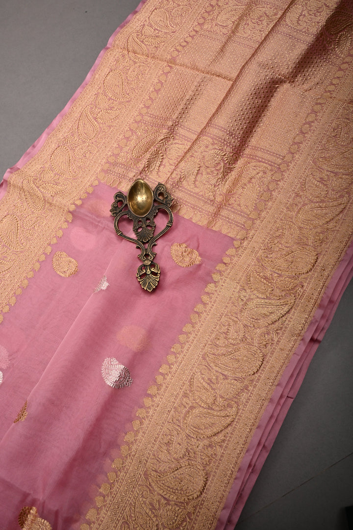 Rose Pink Banarasi Kora Silk Saree with Sona-Rupa Paisley Zari Buttas and Zari Border | SILK MARK CERTIFIED | SHOBITAM