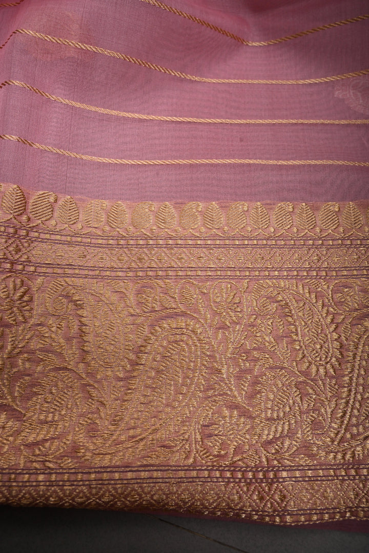Rose Pink Banarasi Kora Silk Saree with Sona-Rupa Paisley Zari Buttas and Zari Border | SILK MARK CERTIFIED | SHOBITAM