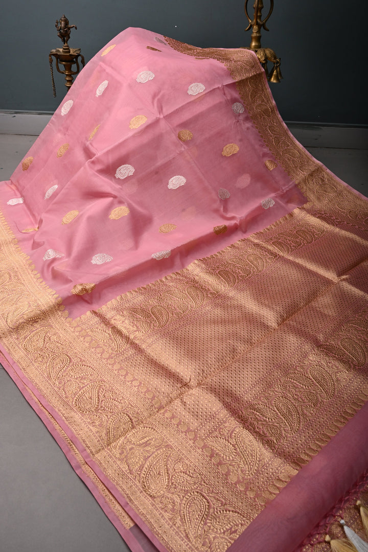 Rose Pink Banarasi Kora Silk Saree with Sona-Rupa Paisley Zari Buttas and Zari Border | SILK MARK CERTIFIED | SHOBITAM