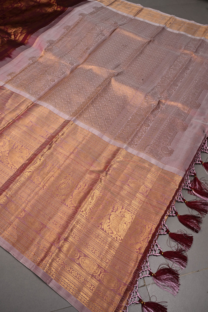 Purple Gadwal Silk Saree with Floral Peacock Elephant Brocade and Contrast Wide Peacock Zari Border | SILK MARK CERTIFIED | SHOBITAM
