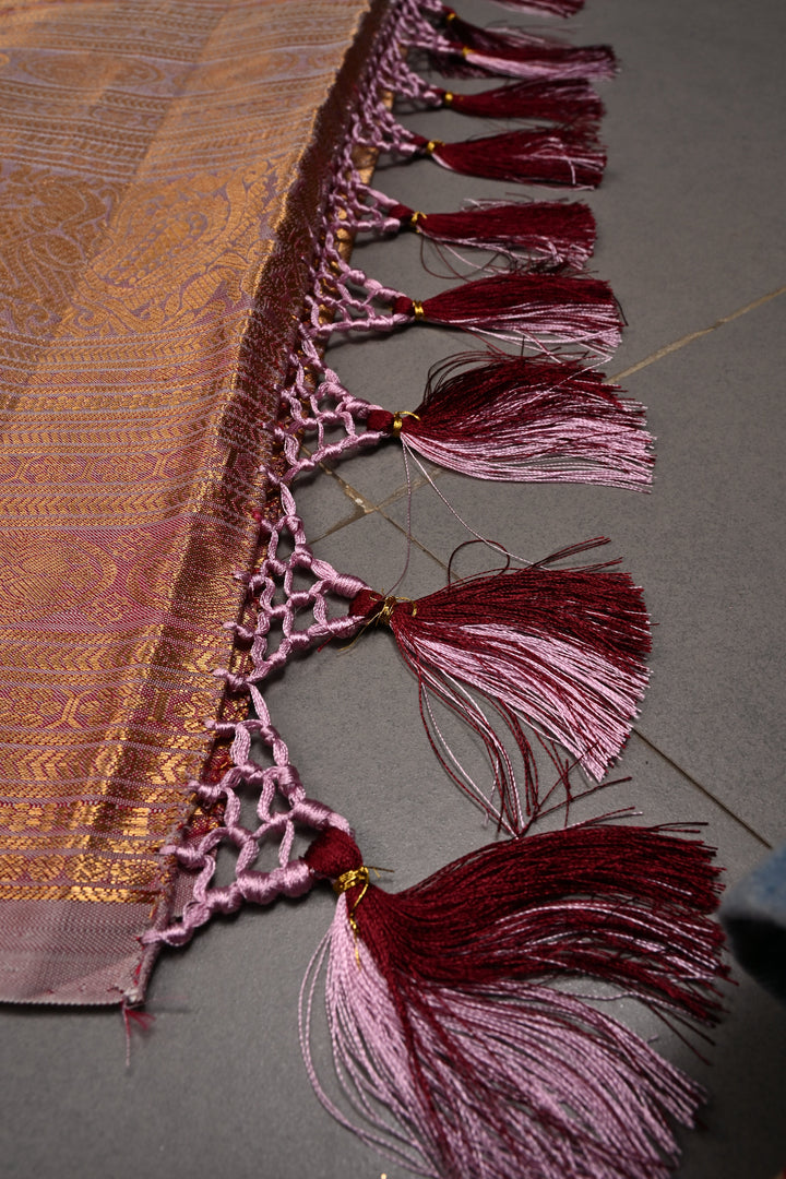 Purple Gadwal Silk Saree with Floral Peacock Elephant Brocade and Contrast Wide Peacock Zari Border | SILK MARK CERTIFIED | SHOBITAM