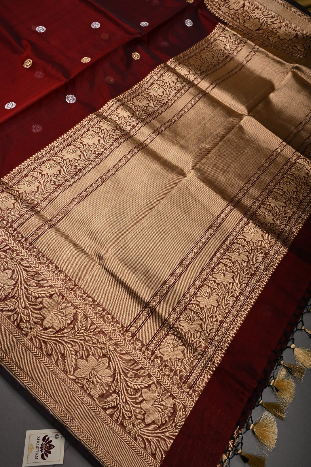Maroon Pure Banarasi Kora Silk Saree with Sona Rupa Floral Buttas and Zari Border | SILK MARK CERTIFIED | SHOBITAM