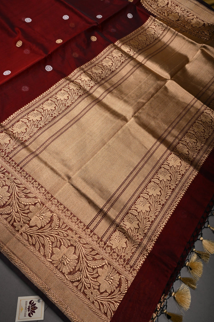 Maroon Pure Banarasi Kora Silk Saree with Sona Rupa Floral Buttas and Zari Border | SILK MARK CERTIFIED | SHOBITAM