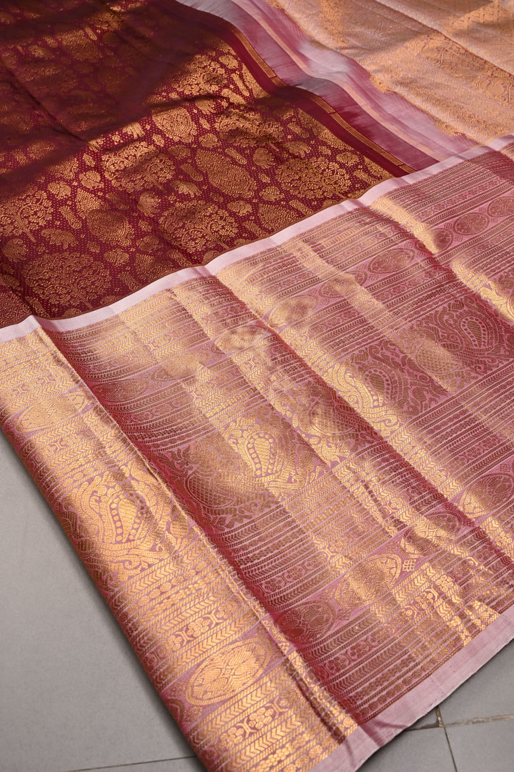 Purple Gadwal Silk Saree with Floral Peacock Elephant Brocade and Contrast Wide Peacock Zari Border | SILK MARK CERTIFIED | SHOBITAM