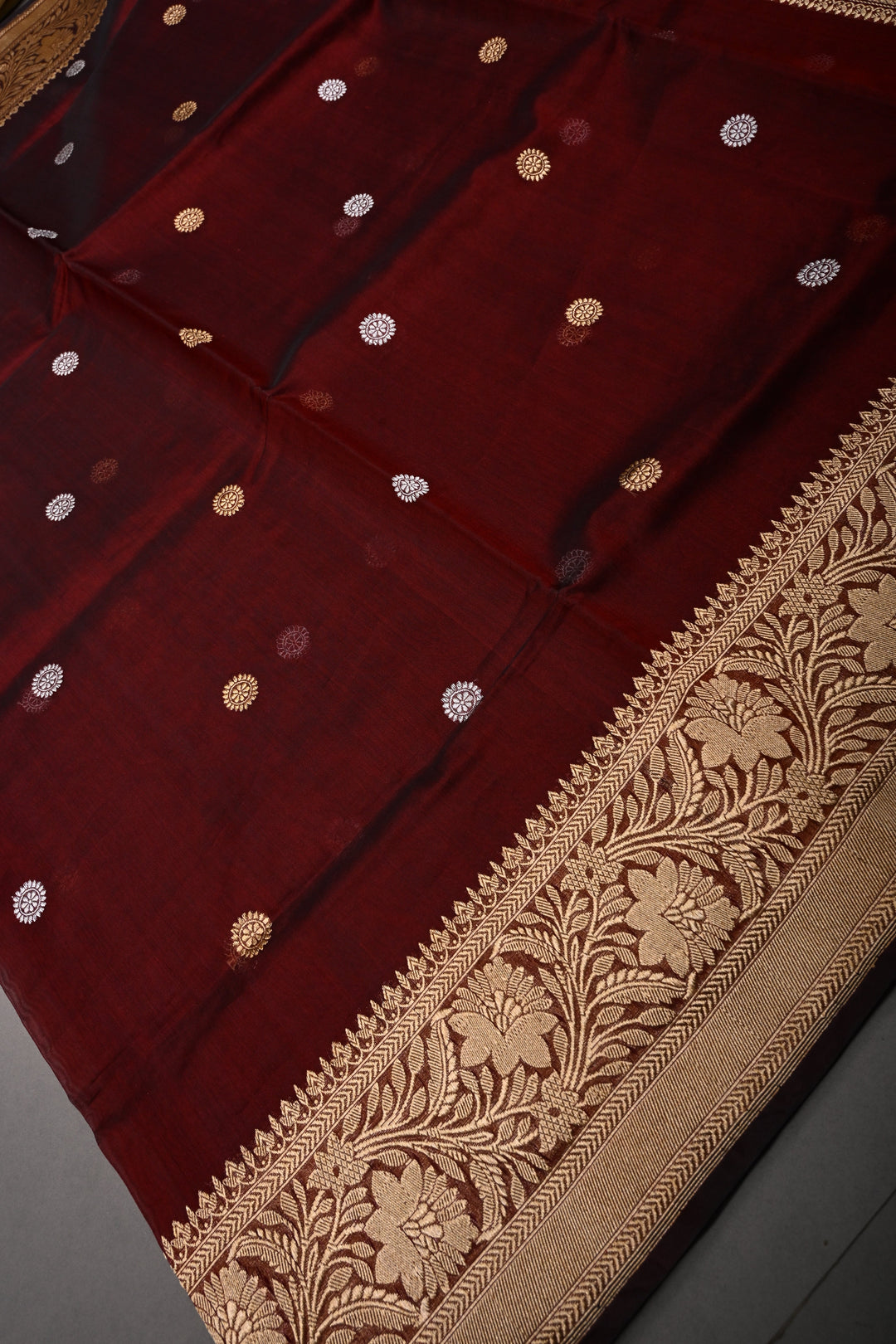 Maroon Pure Banarasi Kora Silk Saree with Sona Rupa Floral Buttas and Zari Border | SILK MARK CERTIFIED | SHOBITAM