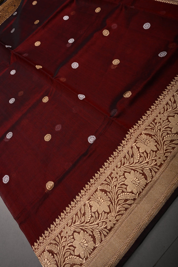 Maroon Pure Banarasi Kora Silk Saree with Sona Rupa Floral Buttas and Zari Border | SILK MARK CERTIFIED | SHOBITAM