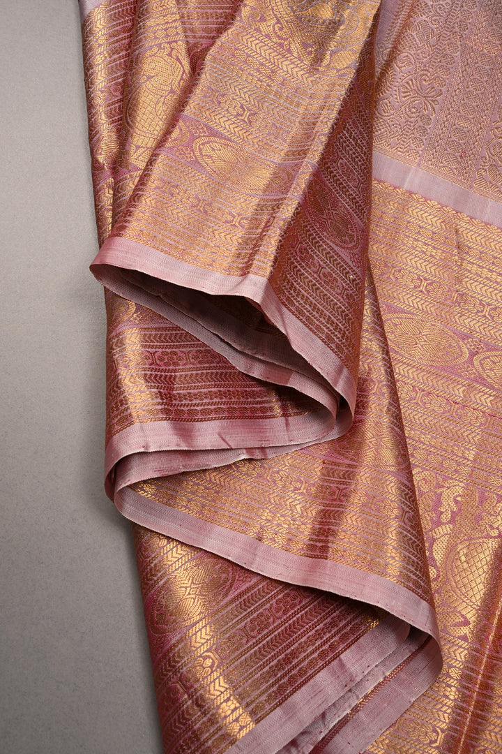 Purple Gadwal Silk Saree with Floral Peacock Elephant Brocade and Contrast Wide Peacock Zari Border | SILK MARK CERTIFIED | SHOBITAM