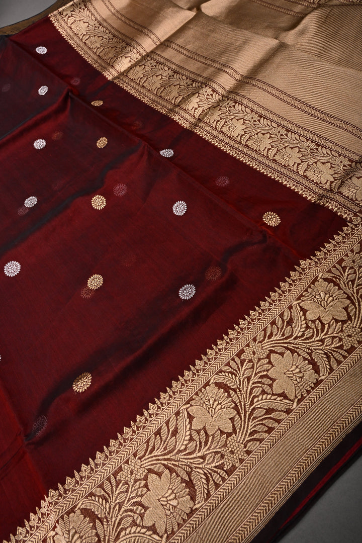 Maroon Pure Banarasi Kora Silk Saree with Sona Rupa Floral Buttas and Zari Border | SILK MARK CERTIFIED | SHOBITAM