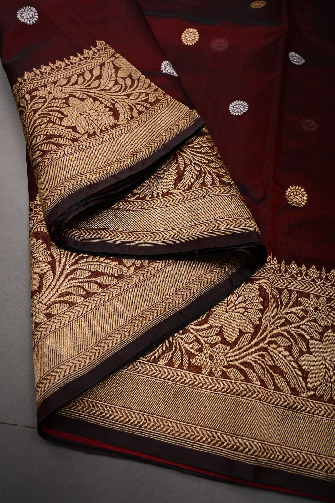 Maroon Pure Banarasi Kora Silk Saree with Sona Rupa Floral Buttas and Zari Border | SILK MARK CERTIFIED | SHOBITAM