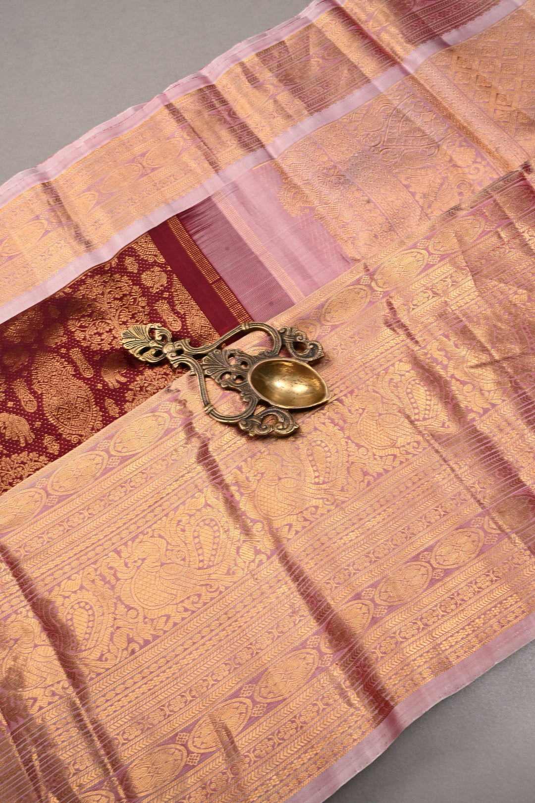 Purple Gadwal Silk Saree with Floral Peacock Elephant Brocade and Contrast Wide Peacock Zari Border | SILK MARK CERTIFIED | SHOBITAM