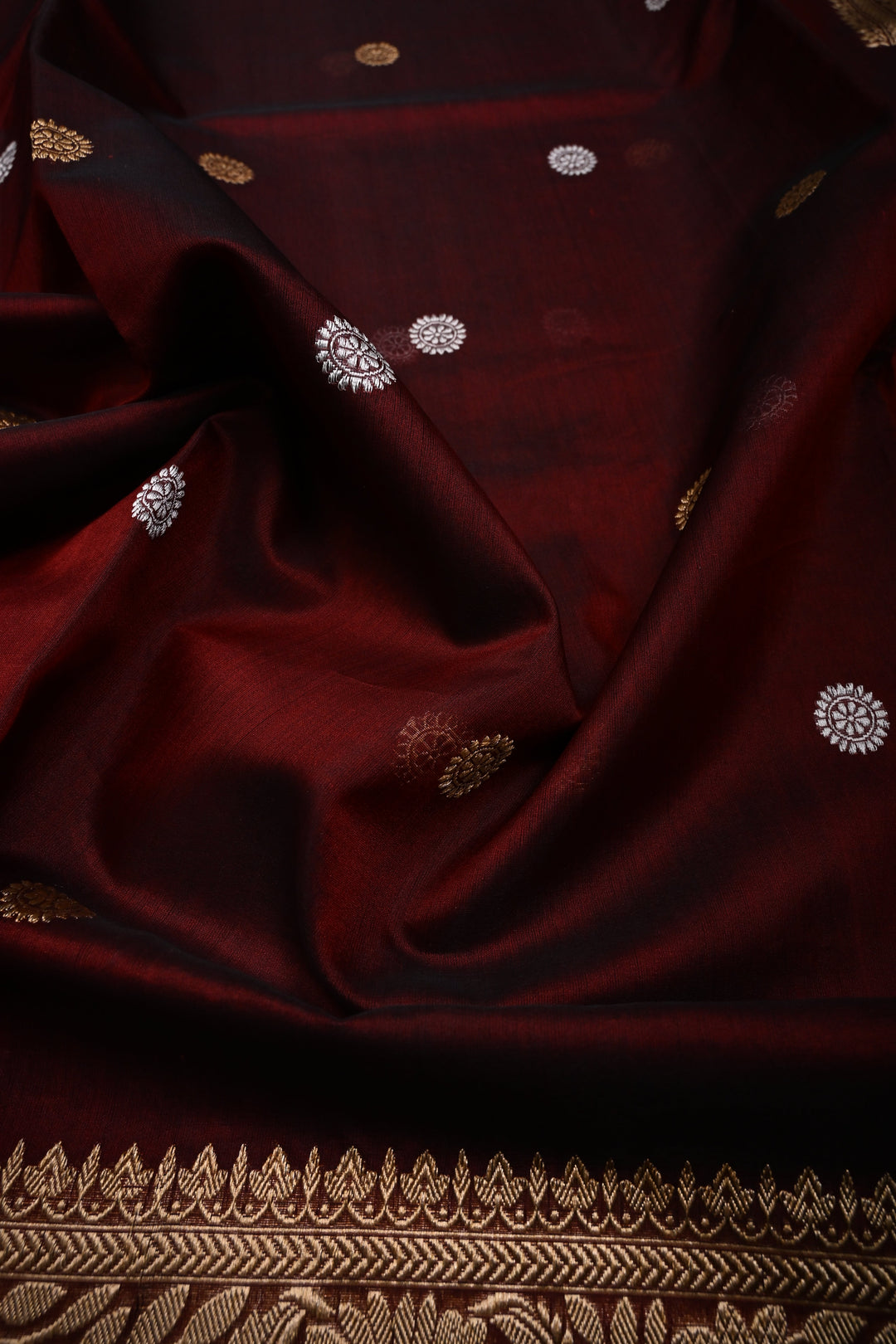 Maroon Pure Banarasi Kora Silk Saree with Sona Rupa Floral Buttas and Zari Border | SILK MARK CERTIFIED | SHOBITAM