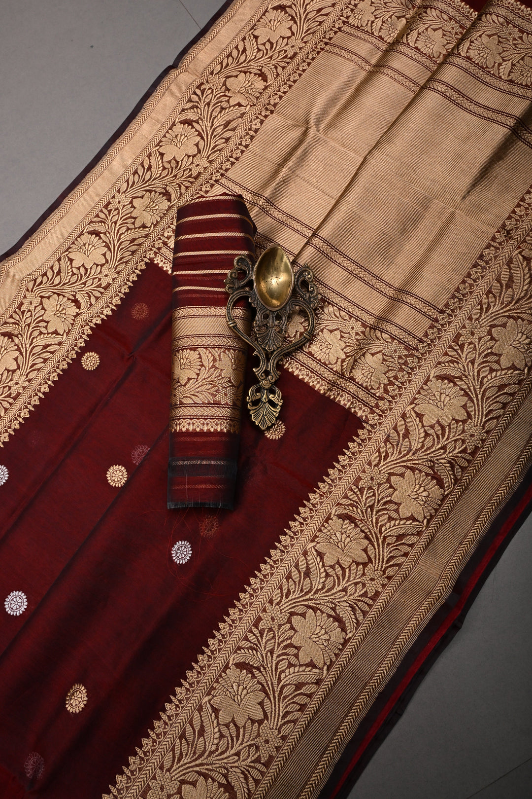 Maroon Pure Banarasi Kora Silk Saree with Sona Rupa Floral Buttas and Zari Border | SILK MARK CERTIFIED | SHOBITAM