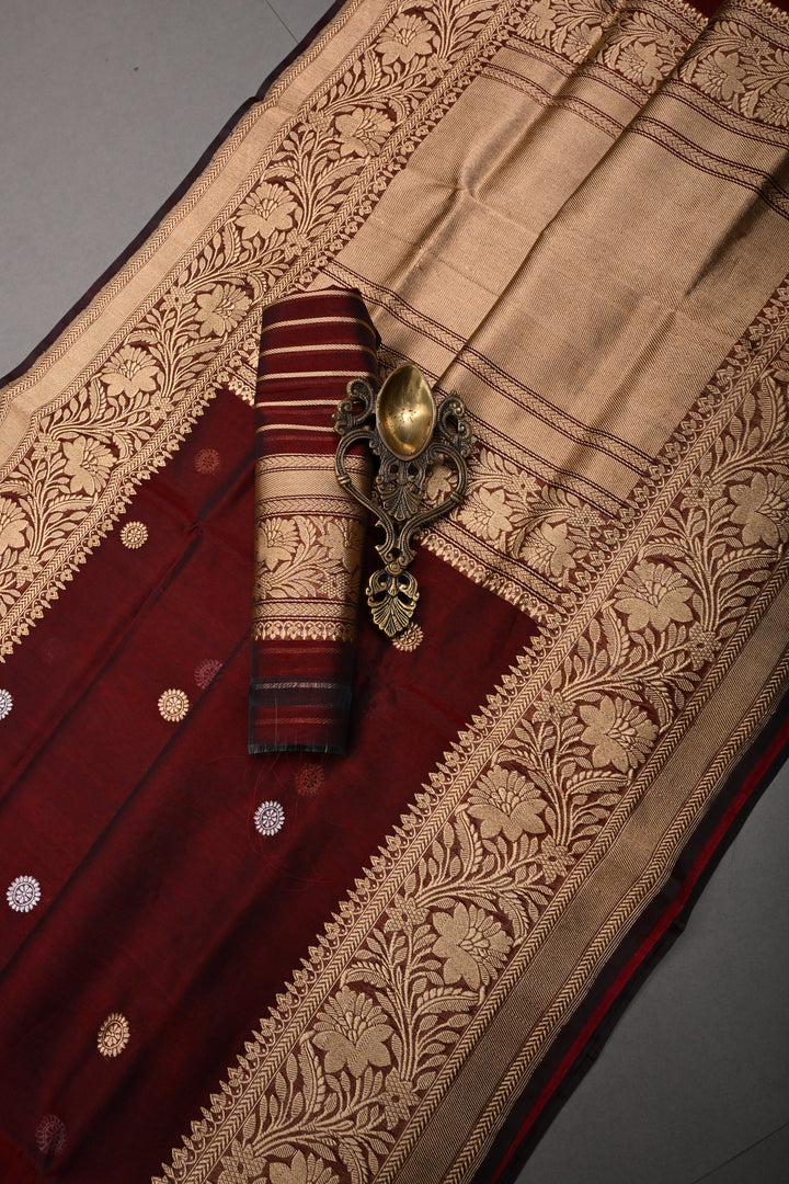 Maroon Pure Banarasi Kora Silk Saree with Sona Rupa Floral Buttas and Zari Border | SILK MARK CERTIFIED | SHOBITAM