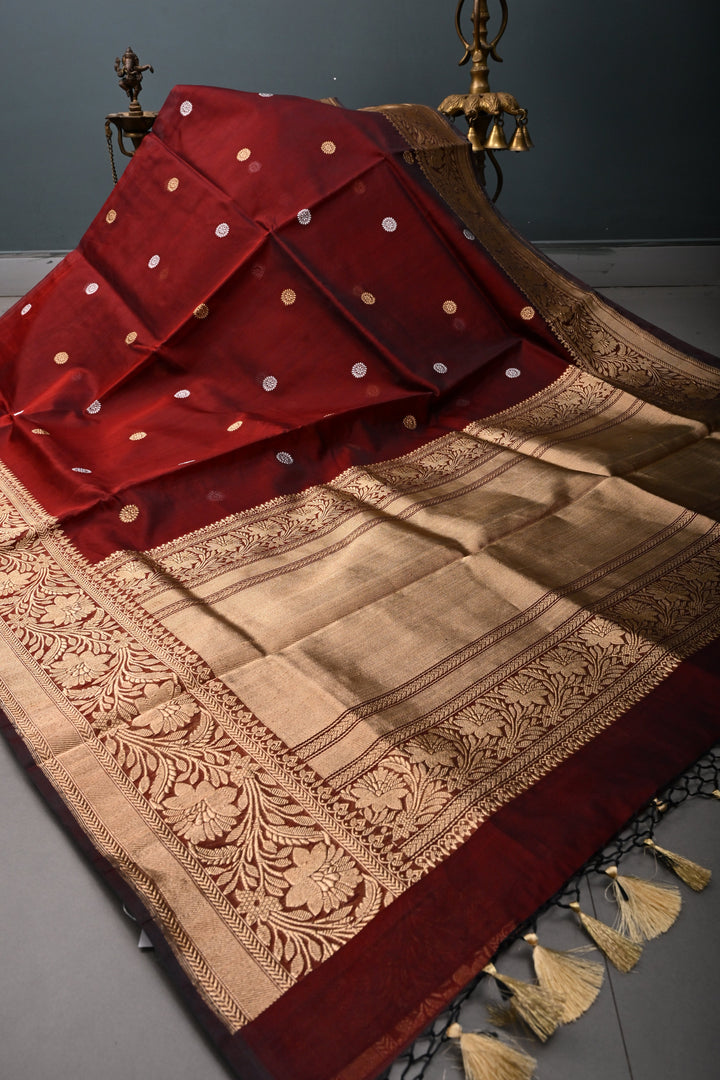 Maroon Pure Banarasi Kora Silk Saree with Sona Rupa Floral Buttas and Zari Border | SILK MARK CERTIFIED | SHOBITAM