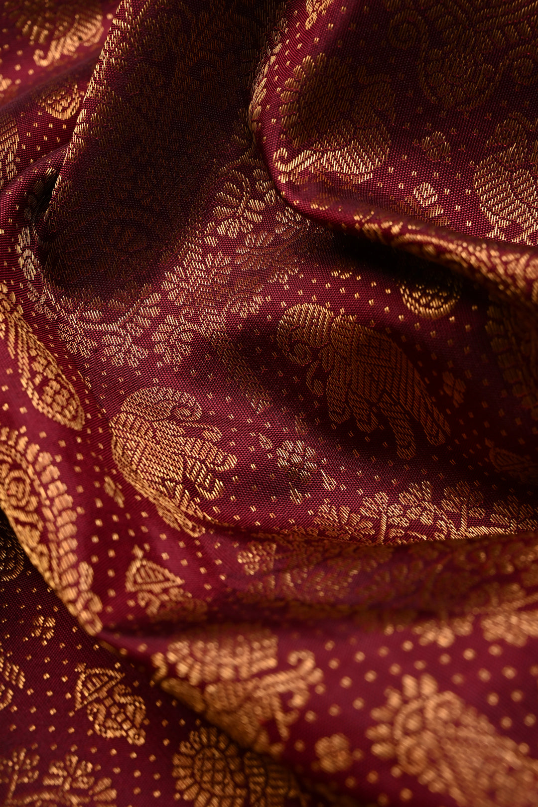 Purple Gadwal Silk Saree with Floral Peacock Elephant Brocade and Contrast Wide Peacock Zari Border | SILK MARK CERTIFIED | SHOBITAM