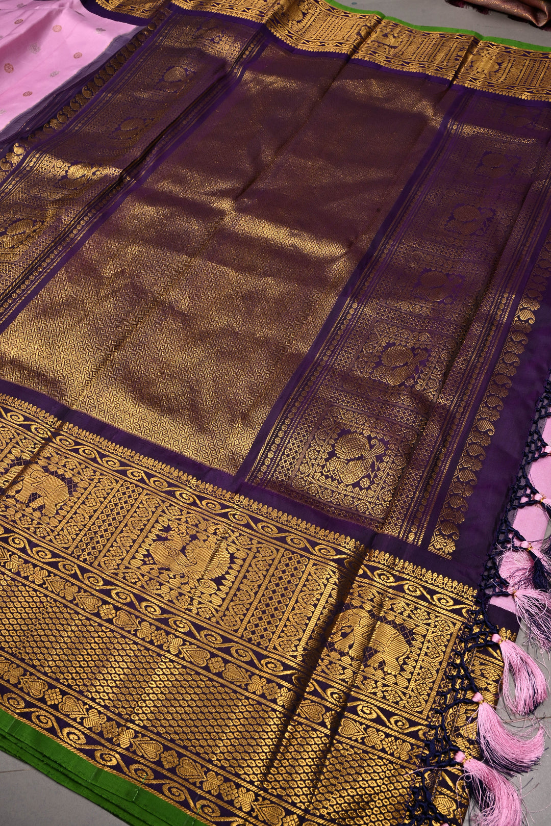Korvai Pastel Pink Pure Gadwal Silk Saree with Gold-Silver Buttas and Contrast Zari Border | SILK MARK CERTIFIED | SHOBITAM