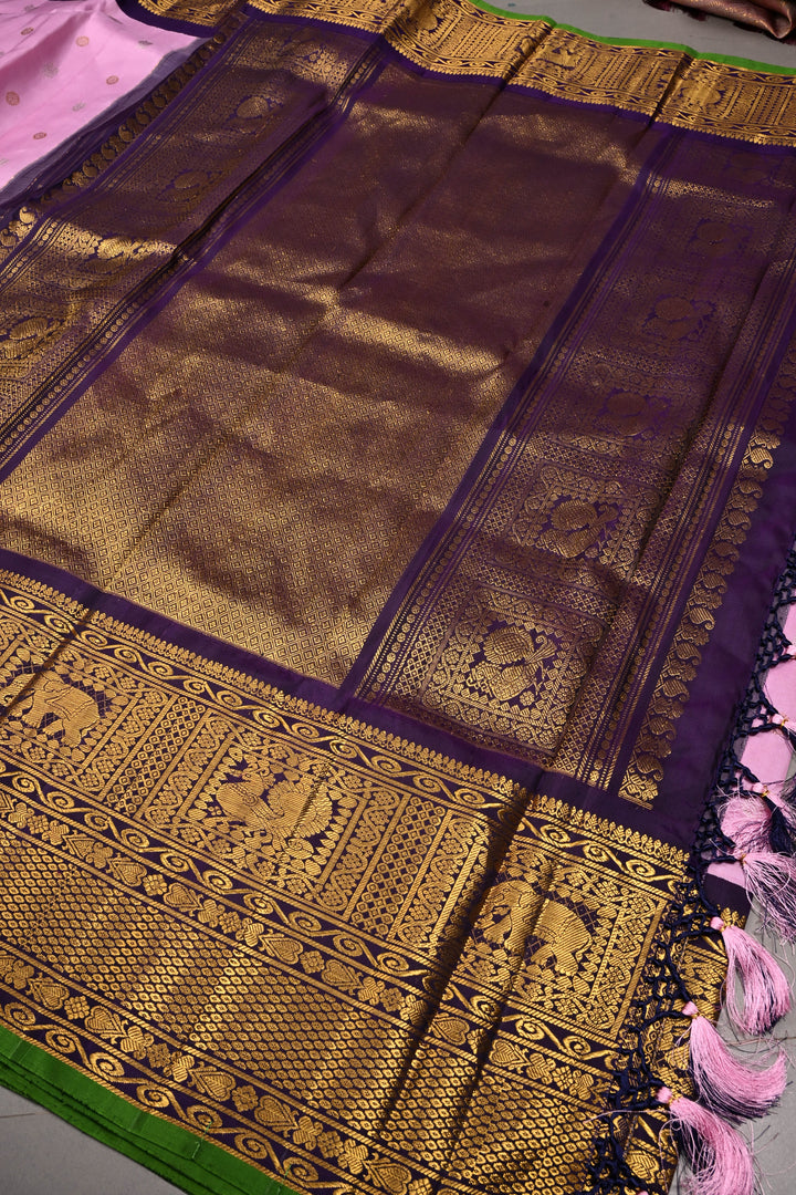 Korvai Pastel Pink Pure Gadwal Silk Saree with Gold-Silver Buttas and Contrast Zari Border | SILK MARK CERTIFIED | SHOBITAM