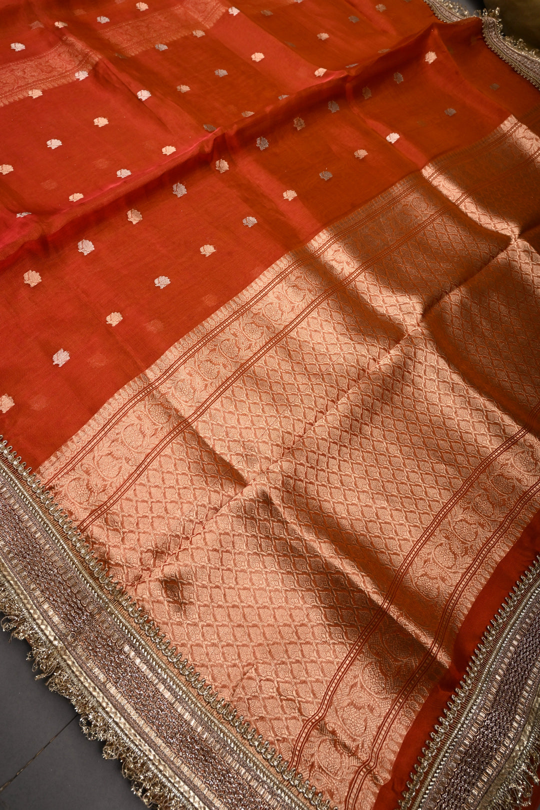 Rust Orange  Banarasi Organza Silk Saree with Sona Rupa Zari Buttas and Fancy Lace Trim Border | SILK MARK CERTIFIED | SHOBITAM