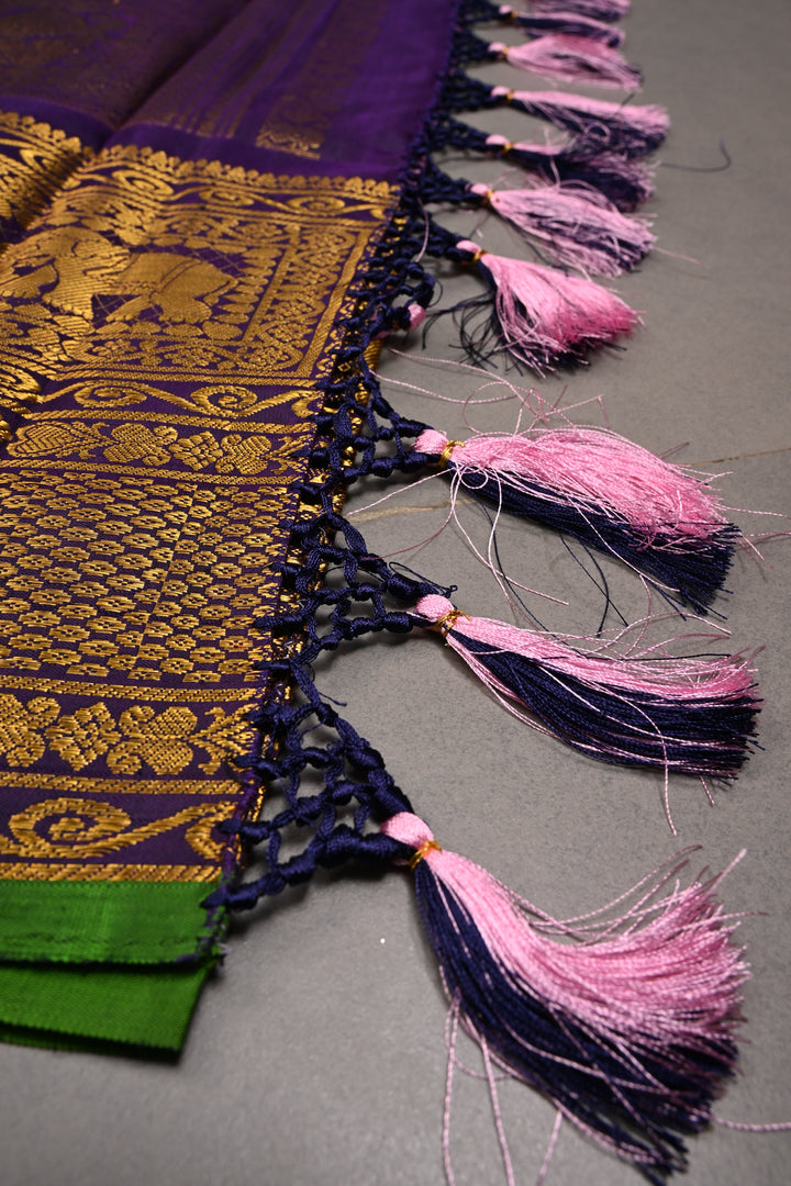 Korvai Pastel Pink Pure Gadwal Silk Saree with Gold-Silver Buttas and Contrast Zari Border | SILK MARK CERTIFIED | SHOBITAM