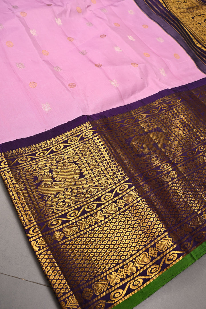 Korvai Pastel Pink Pure Gadwal Silk Saree with Gold-Silver Buttas and Contrast Zari Border | SILK MARK CERTIFIED | SHOBITAM