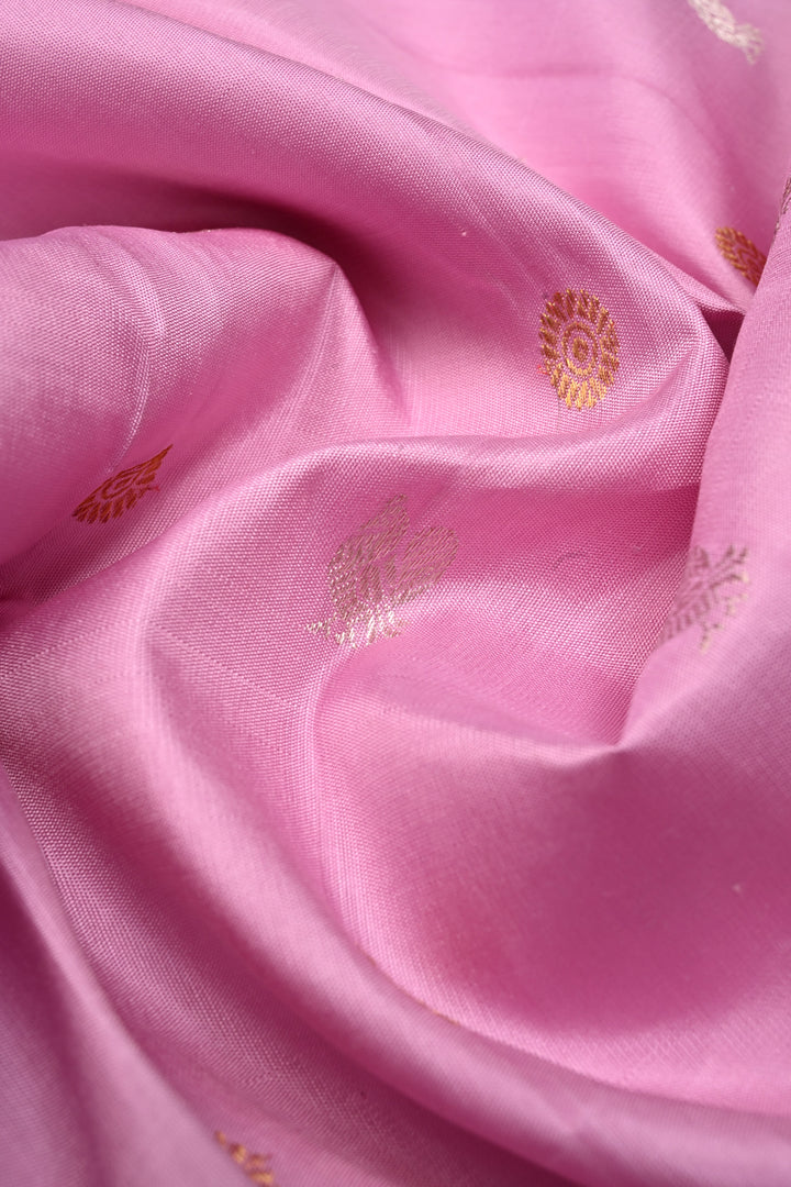 Korvai Pastel Pink Pure Gadwal Silk Saree with Gold-Silver Buttas and Contrast Zari Border | SILK MARK CERTIFIED | SHOBITAM