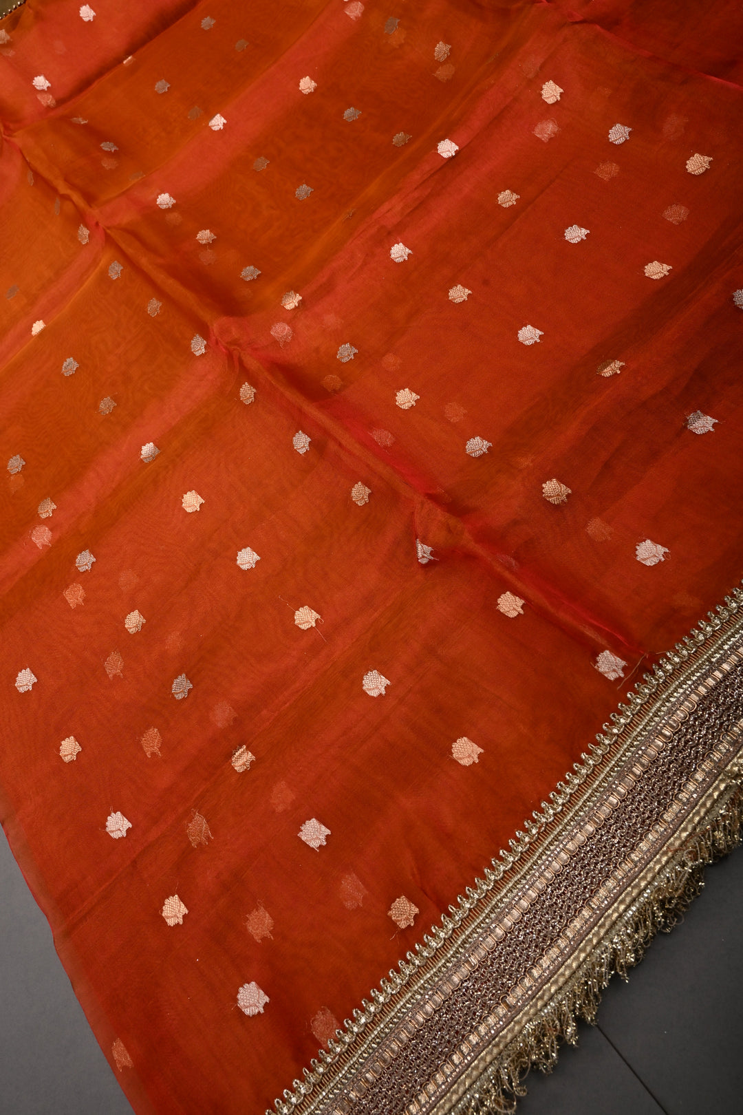 Rust Orange  Banarasi Organza Silk Saree with Sona Rupa Zari Buttas and Fancy Lace Trim Border | SILK MARK CERTIFIED | SHOBITAM