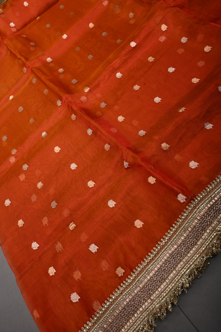 Rust Orange  Banarasi Organza Silk Saree with Sona Rupa Zari Buttas and Fancy Lace Trim Border | SILK MARK CERTIFIED | SHOBITAM