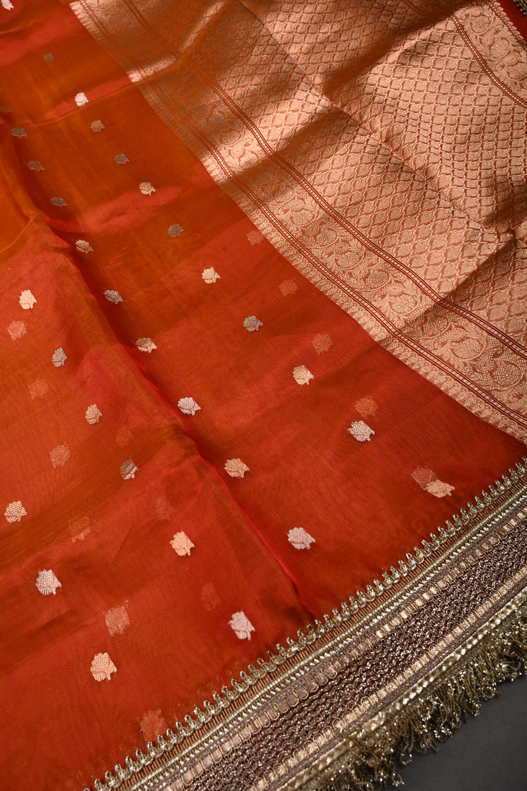 Rust Orange  Banarasi Organza Silk Saree with Sona Rupa Zari Buttas and Fancy Lace Trim Border | SILK MARK CERTIFIED | SHOBITAM