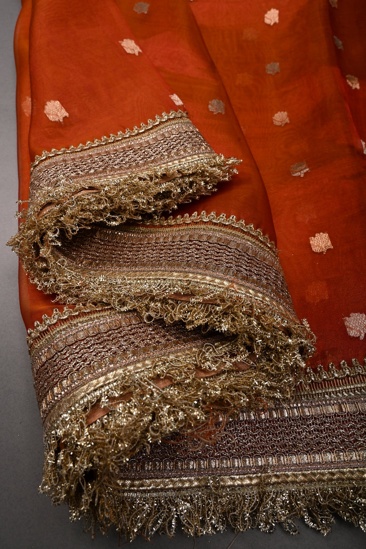 Rust Orange  Banarasi Organza Silk Saree with Sona Rupa Zari Buttas and Fancy Lace Trim Border | SILK MARK CERTIFIED | SHOBITAM