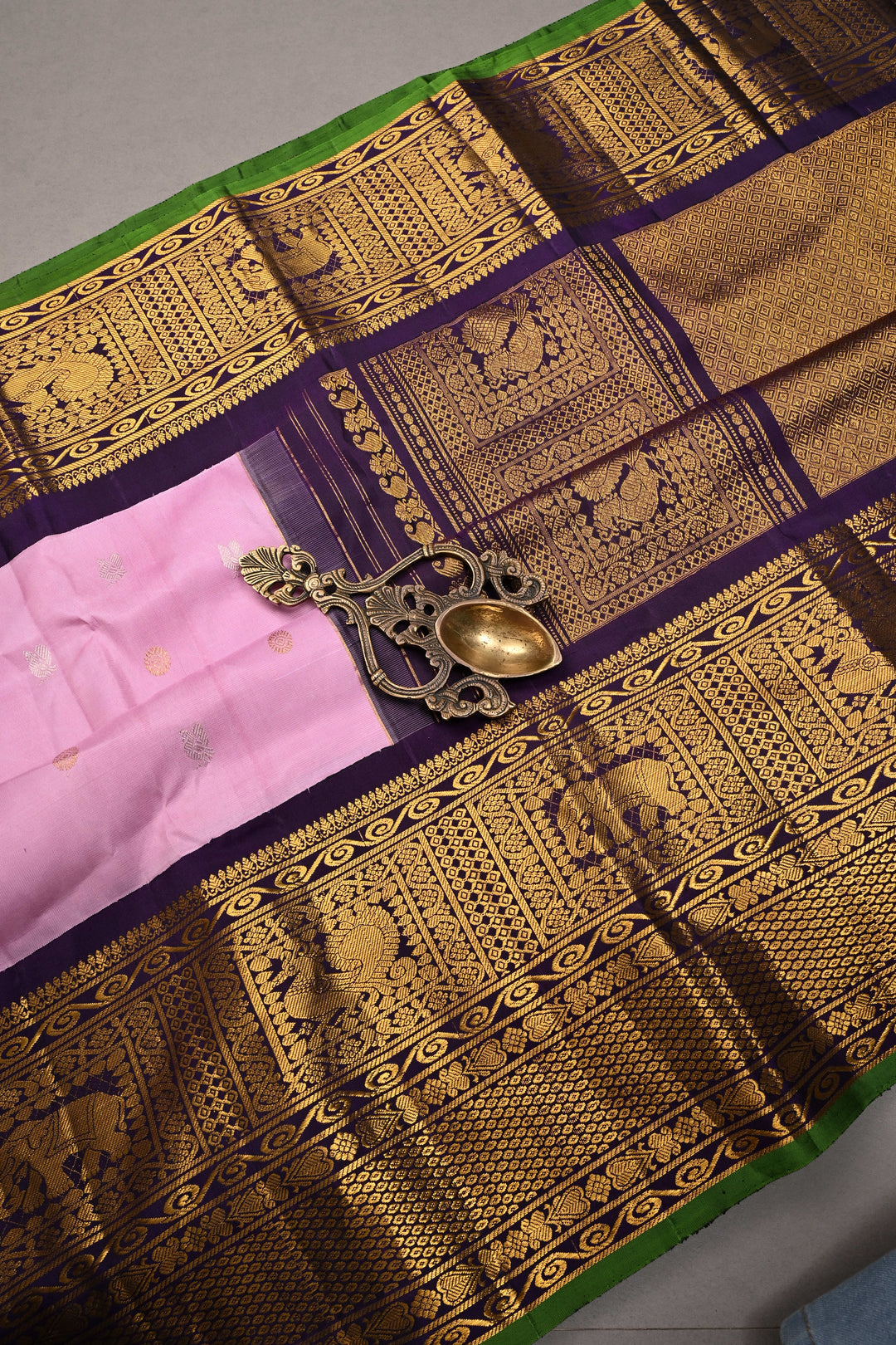 Korvai Pastel Pink Pure Gadwal Silk Saree with Gold-Silver Buttas and Contrast Zari Border | SILK MARK CERTIFIED | SHOBITAM