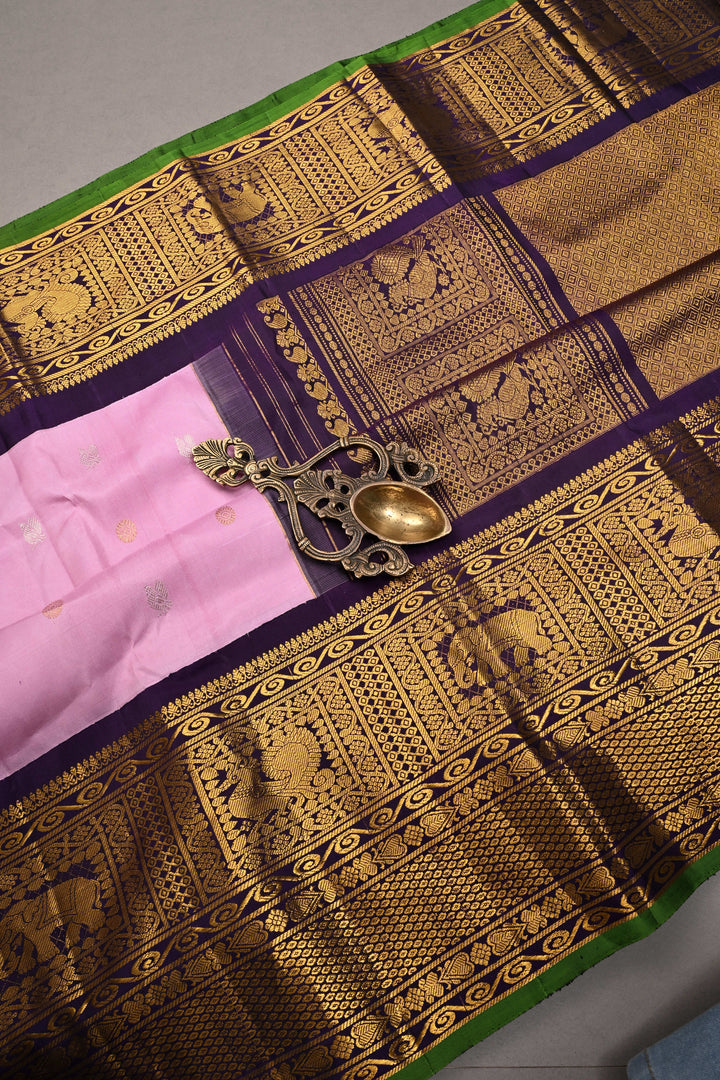 Korvai Pastel Pink Pure Gadwal Silk Saree with Gold-Silver Buttas and Contrast Zari Border | SILK MARK CERTIFIED | SHOBITAM