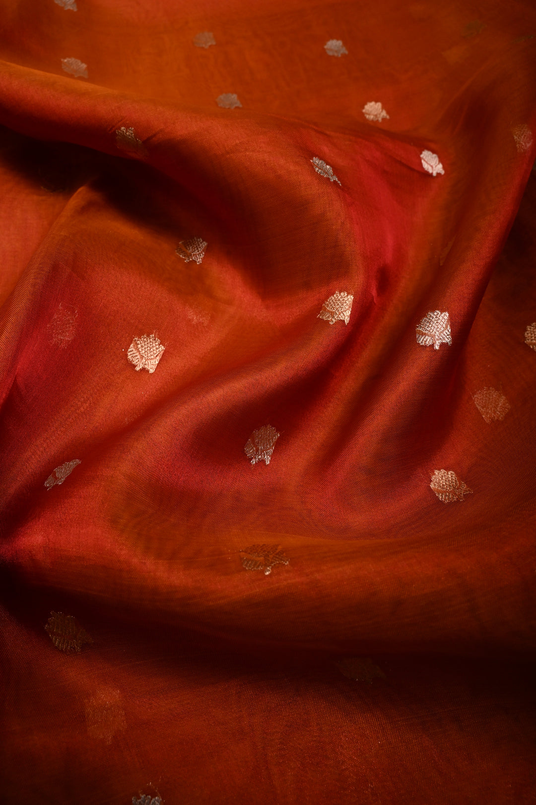 Rust Orange  Banarasi Organza Silk Saree with Sona Rupa Zari Buttas and Fancy Lace Trim Border | SILK MARK CERTIFIED | SHOBITAM