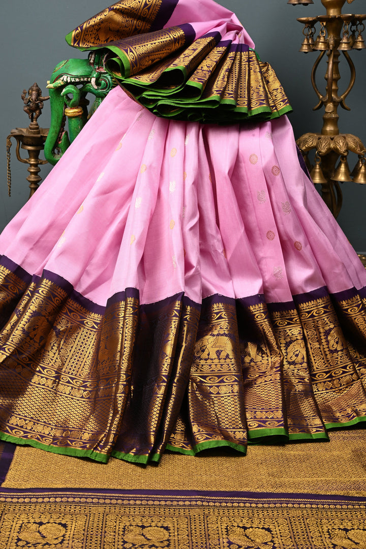 Korvai Pastel Pink Pure Gadwal Silk Saree with Gold-Silver Buttas and Contrast Zari Border | SILK MARK CERTIFIED | SHOBITAM