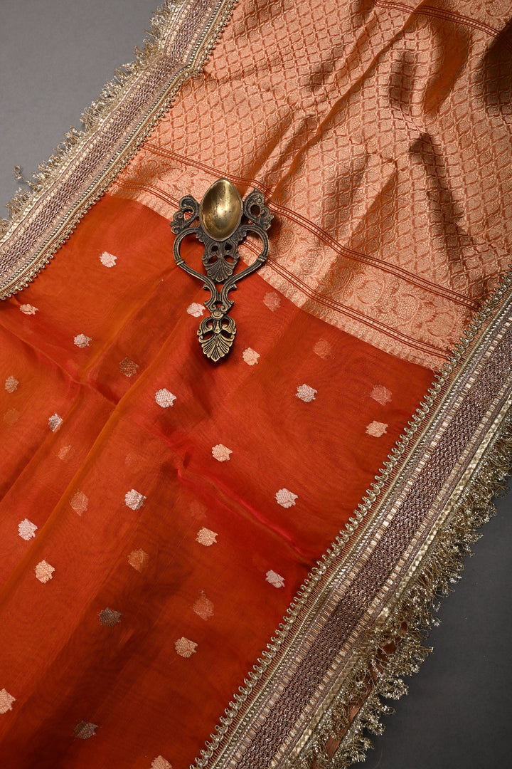 Rust Orange  Banarasi Organza Silk Saree with Sona Rupa Zari Buttas and Fancy Lace Trim Border | SILK MARK CERTIFIED | SHOBITAM