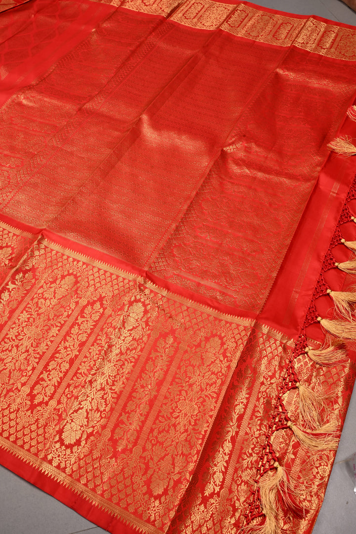 Red Brocade Gadwal Silk Saree with wide Zari Border | SHOBITAM