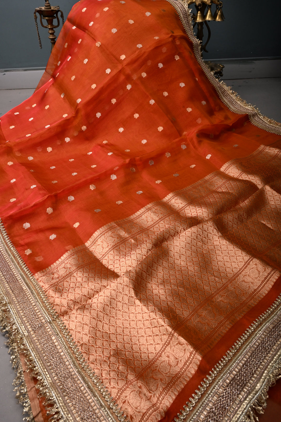 Rust Orange  Banarasi Organza Silk Saree with Sona Rupa Zari Buttas and Fancy Lace Trim Border | SILK MARK CERTIFIED | SHOBITAM