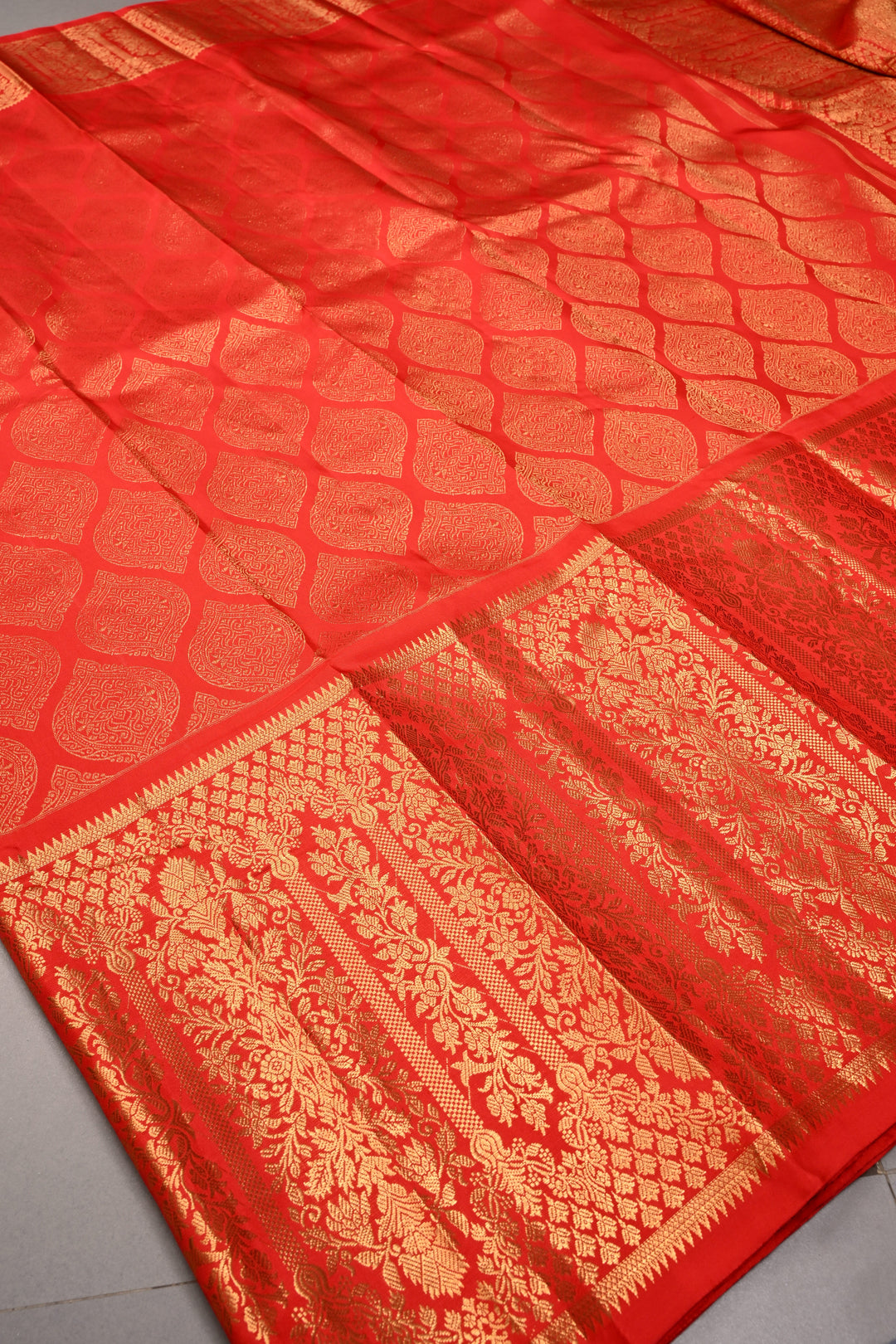 Red Brocade Gadwal Silk Saree with wide Zari Border | SHOBITAM