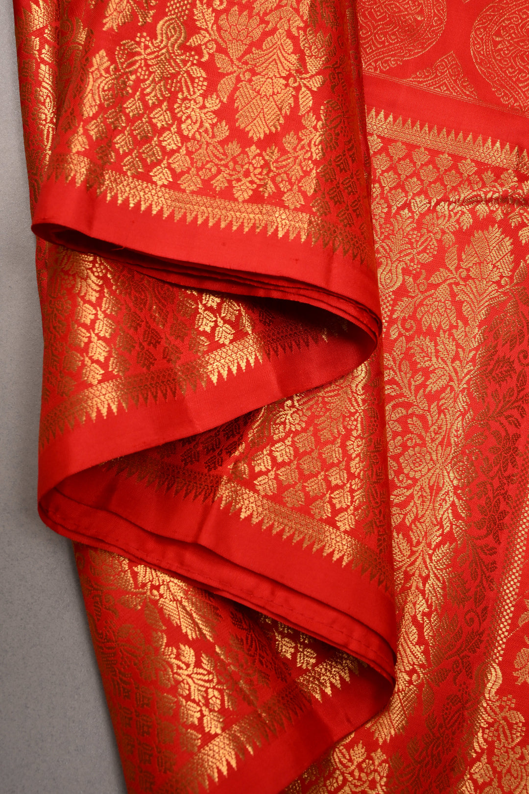 Red Brocade Gadwal Silk Saree with wide Zari Border | SHOBITAM