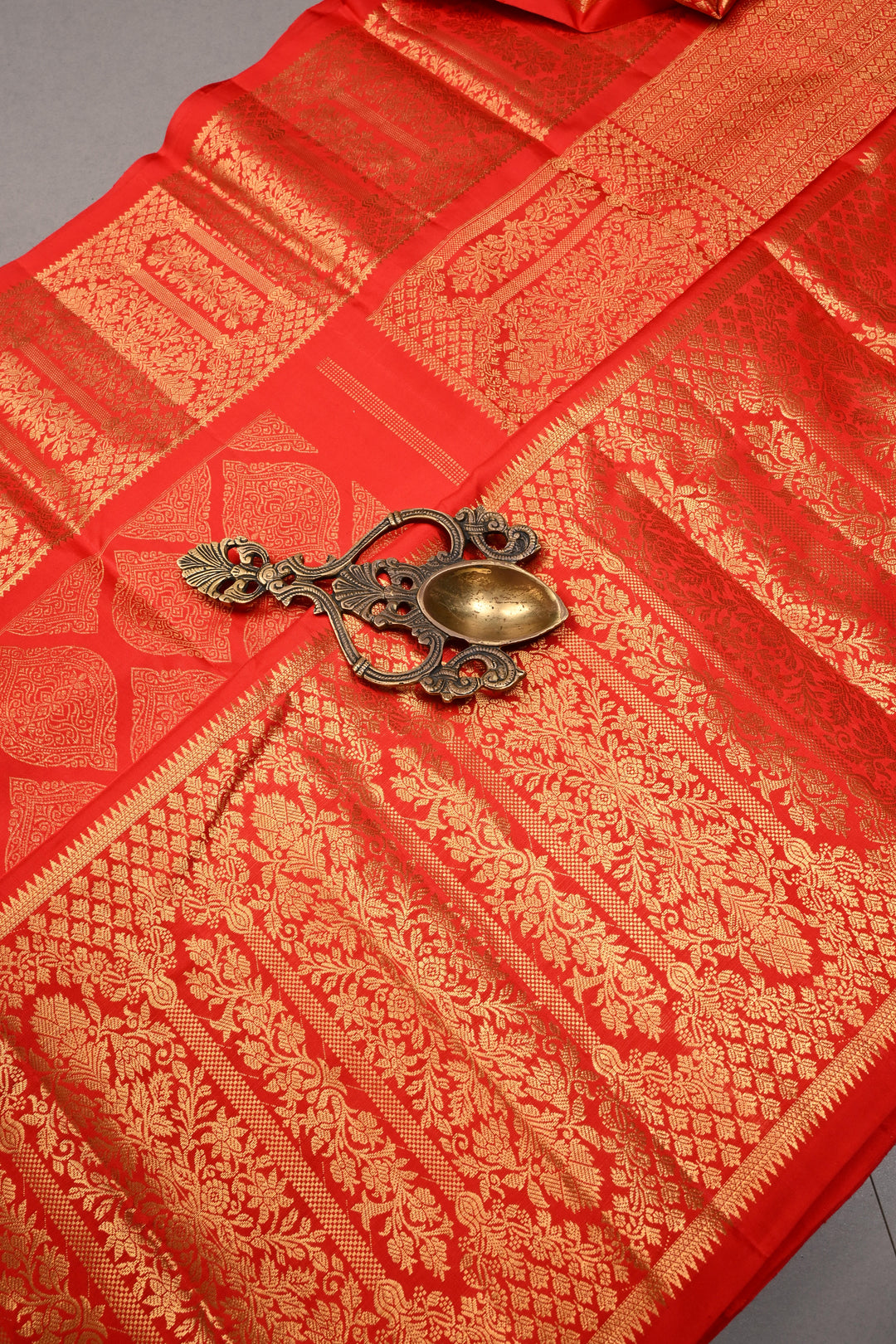 Red Brocade Gadwal Silk Saree with wide Zari Border | SHOBITAM