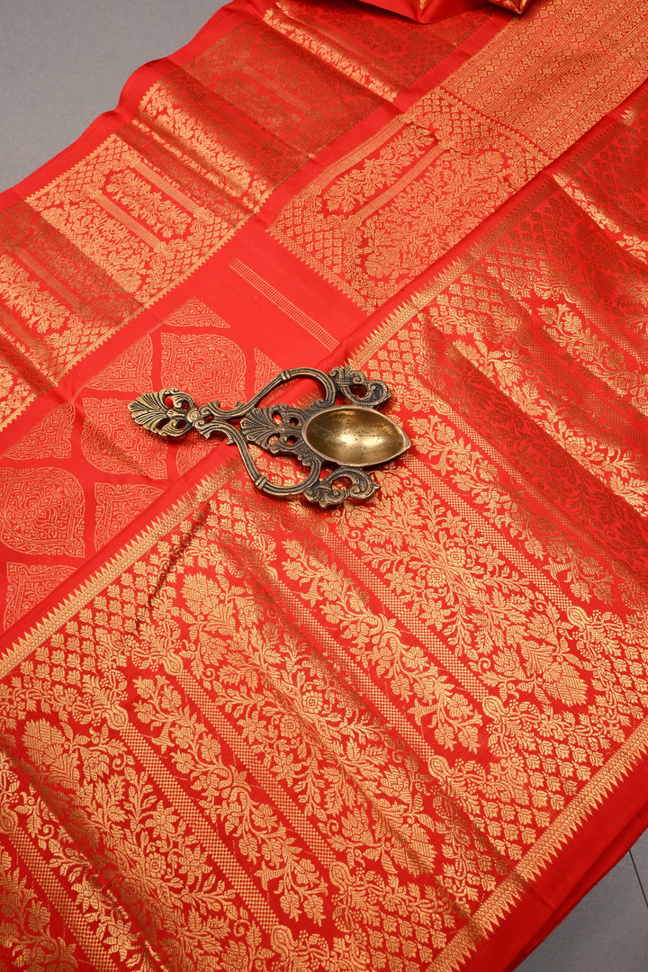 Red Brocade Gadwal Silk Saree with wide Zari Border | SHOBITAM