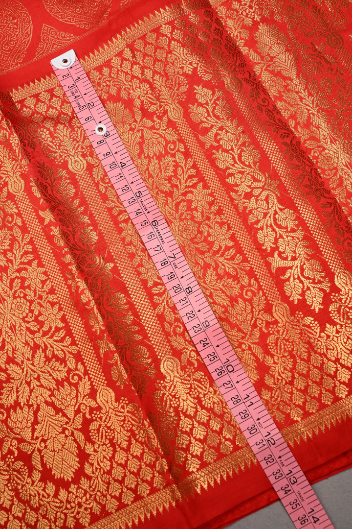 Red Brocade Gadwal Silk Saree with wide Zari Border | SHOBITAM