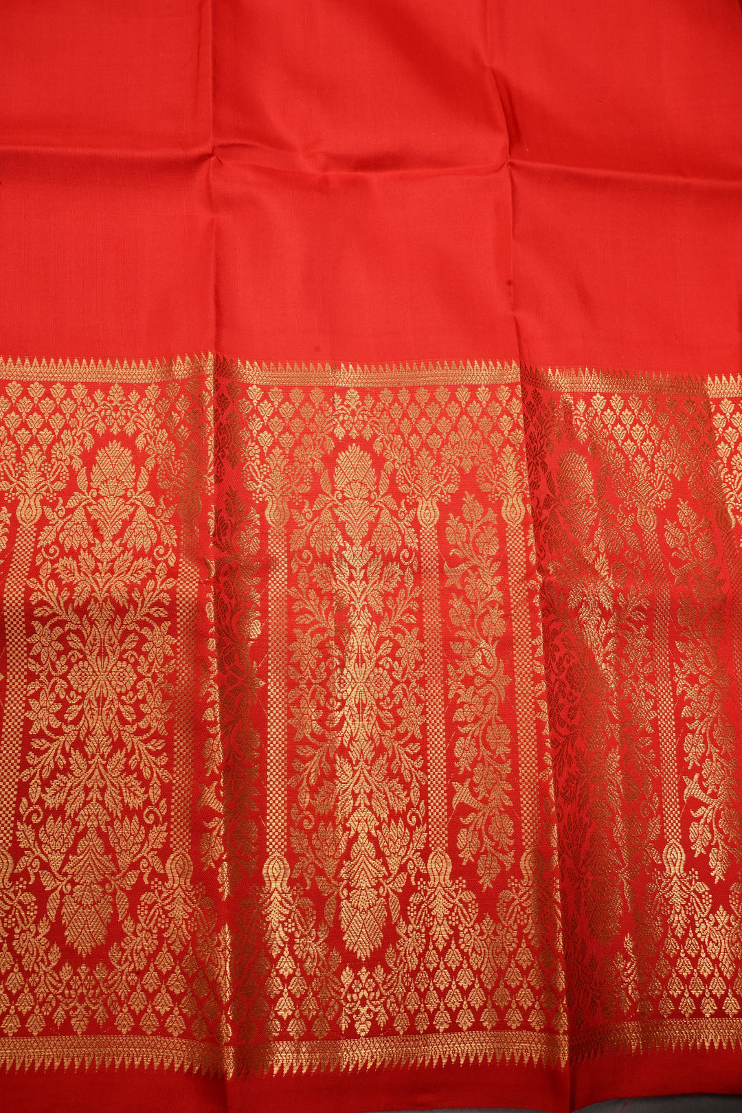 Red Brocade Gadwal Silk Saree with wide Zari Border | SHOBITAM