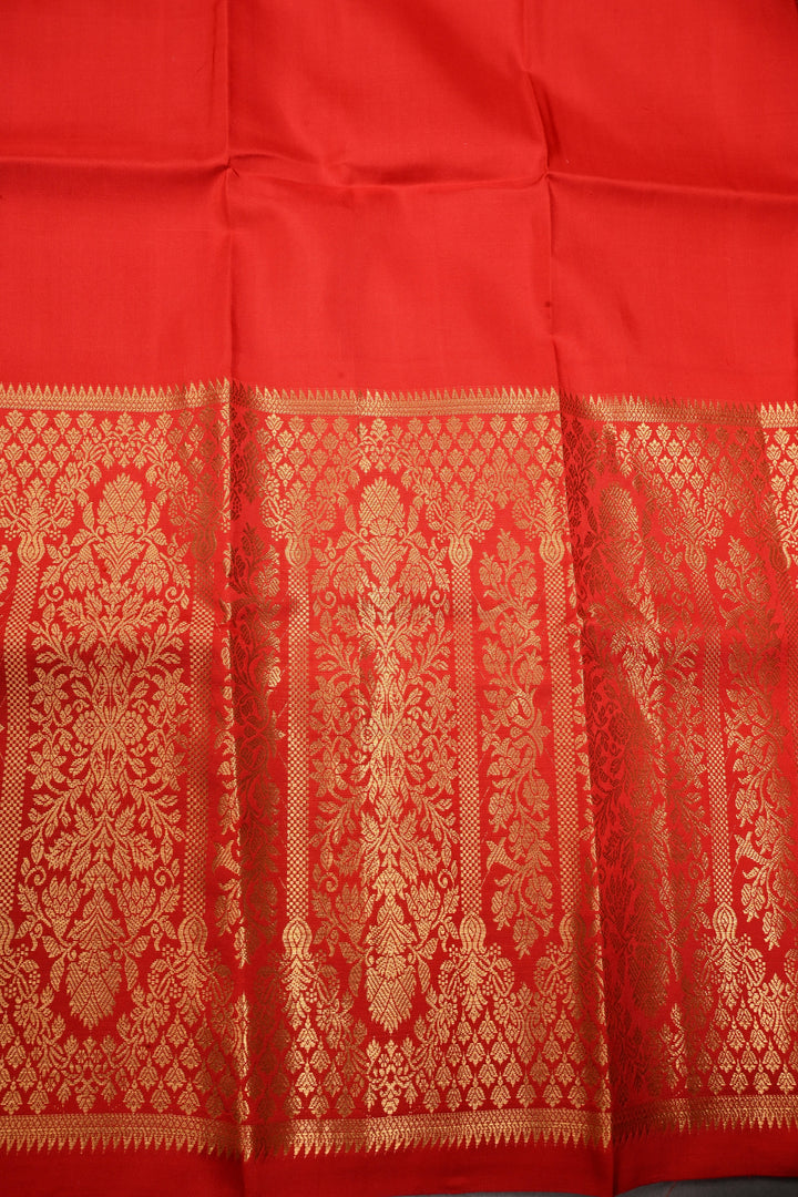 Red Brocade Gadwal Silk Saree with wide Zari Border | SHOBITAM
