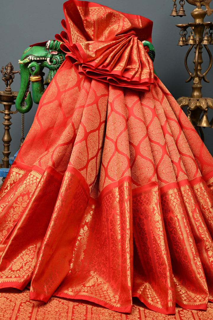 Red Brocade Gadwal Silk Saree with wide Zari Border | SHOBITAM