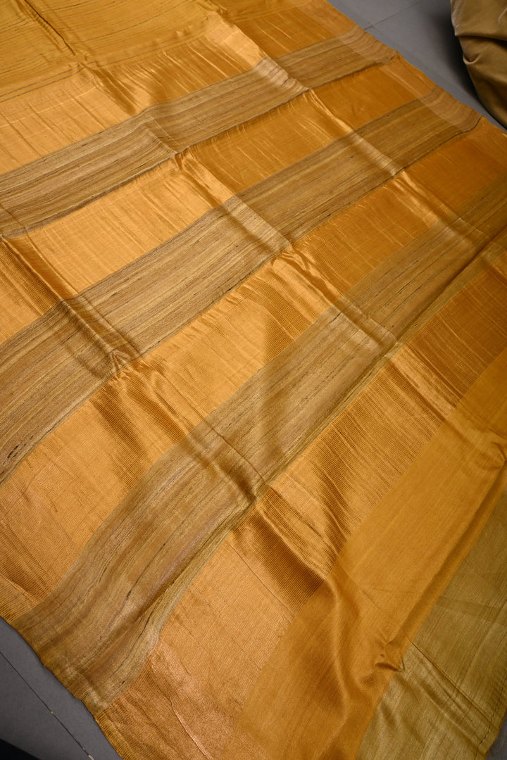 Mustard Yellow Borderless Handloom Tussar Saree with Stripes Pattern  | SILK MARK CERTIFIED | SHOBITAM