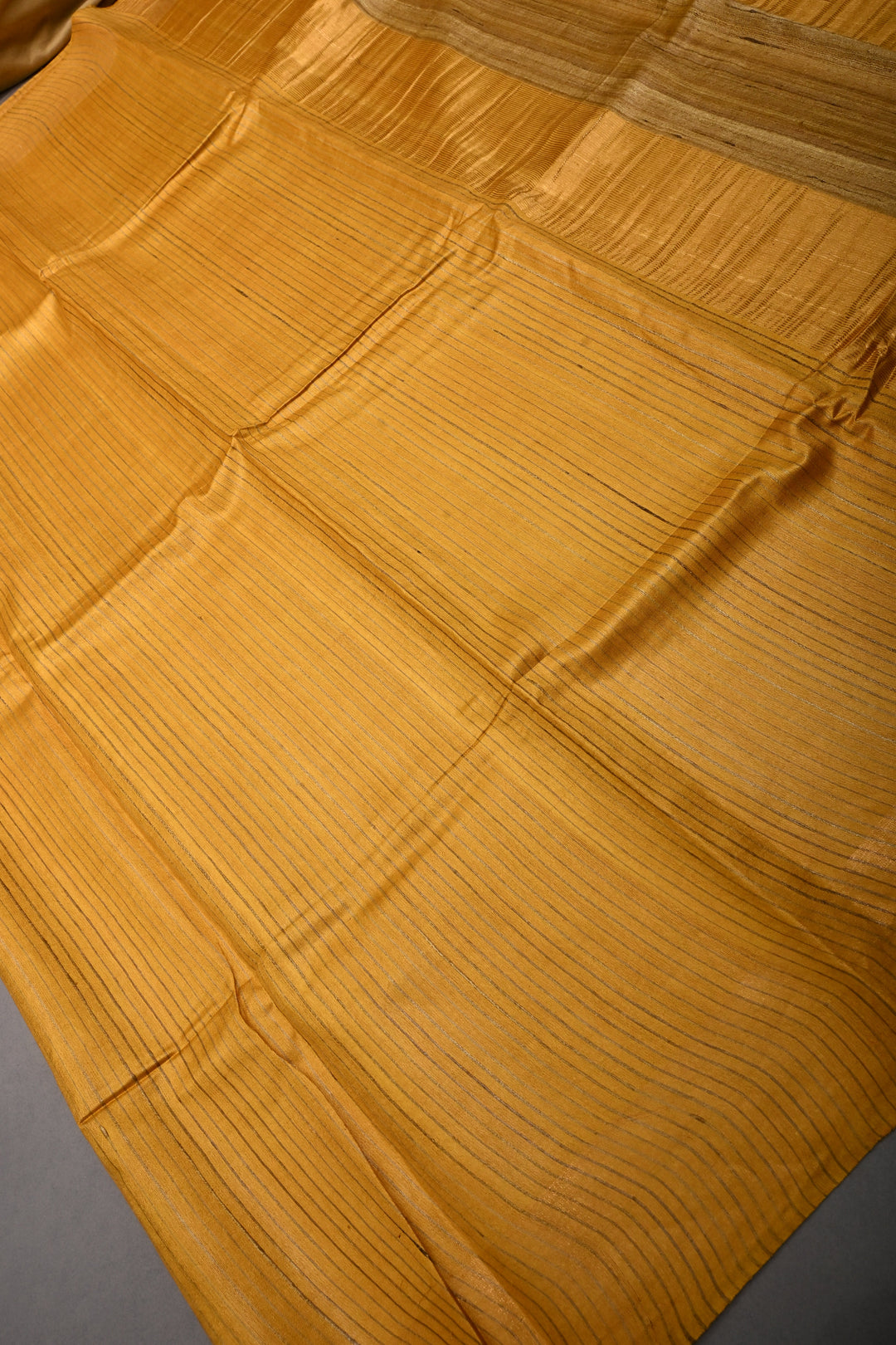 Mustard Yellow Borderless Handloom Tussar Saree with Stripes Pattern  | SILK MARK CERTIFIED | SHOBITAM